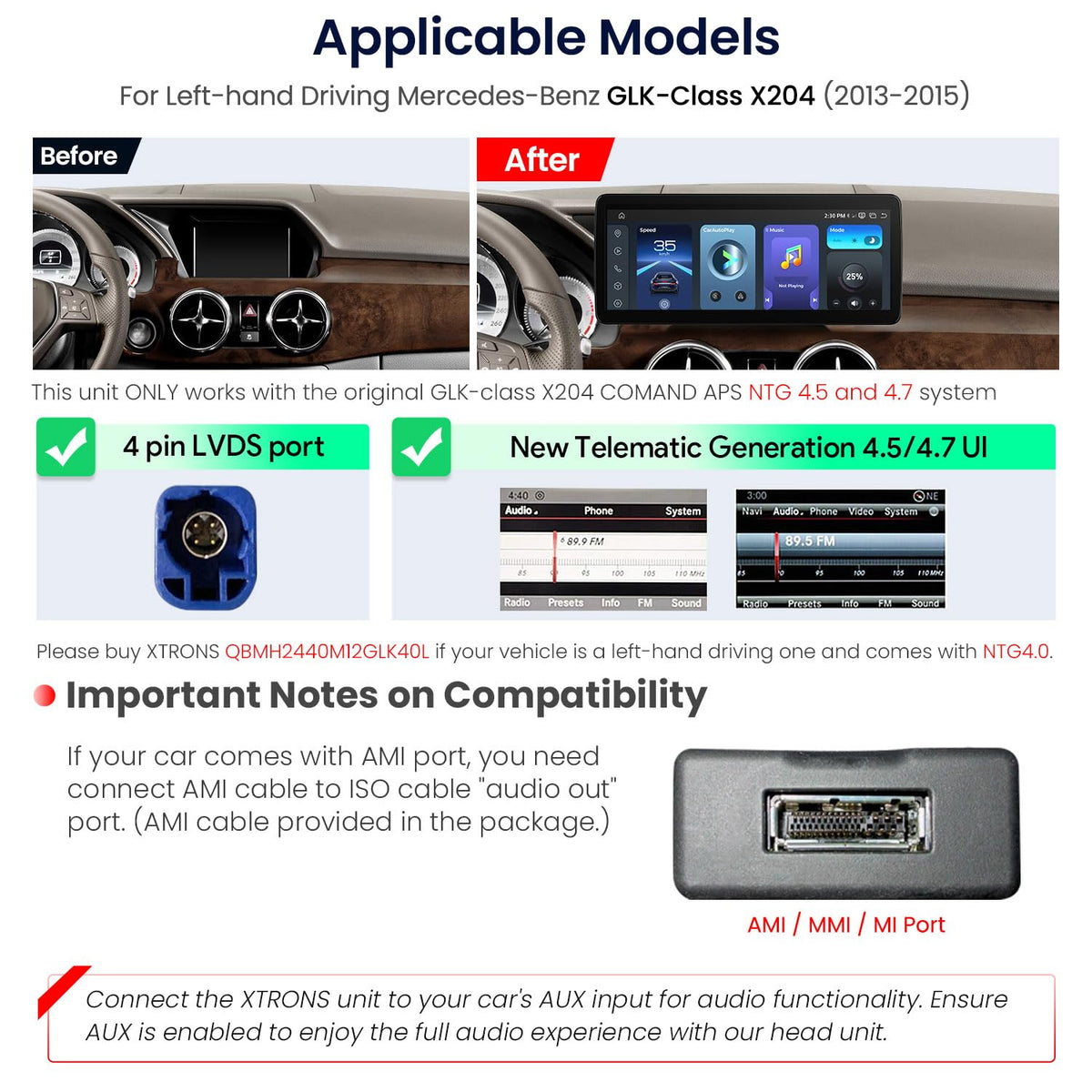 XTRONS 12.3" 2K QHD Android Car Stereo for Mercedes GLK-Class X204 (2013-2015) NTG4.5/4.7, Wireless CarPlay & Android Auto, Snapdragon 662 8GB+128GB, 4G LTE, Gyro Sensor