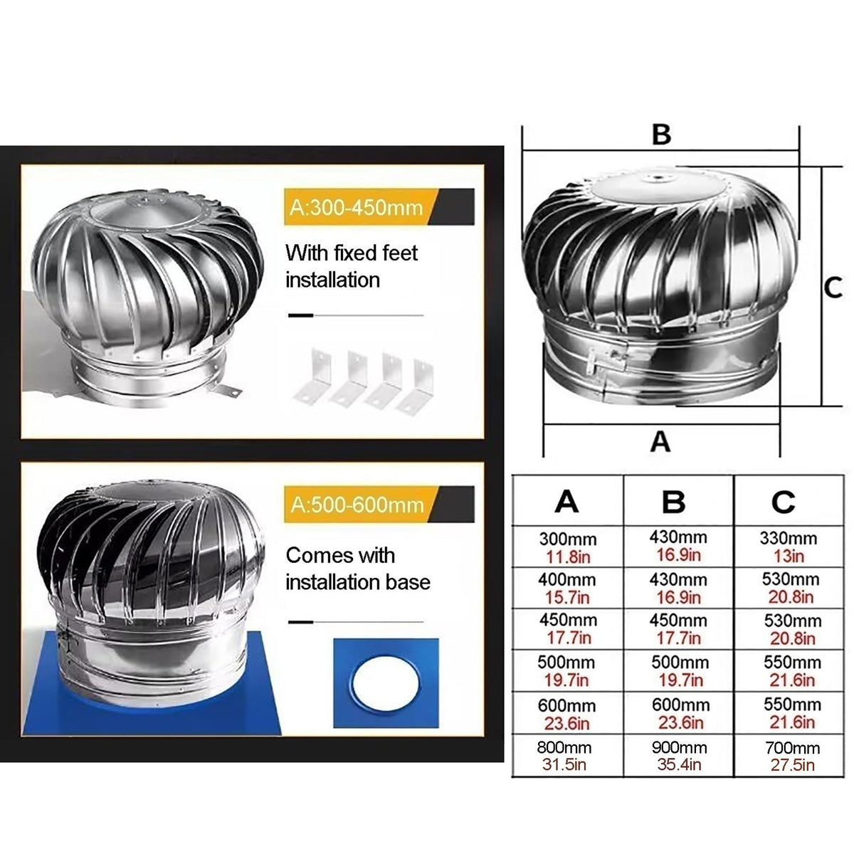 Roof Turbines Nt Cap, 304 Stainless Steel Rotating Chimney Cowl, Wind Rotating Ntilator, Attic Air Nt Ntilating Fan, Round Exhaust Heat Dissipation Nts, Unpowered Rotation，5 Pieces 300mm/11.8in