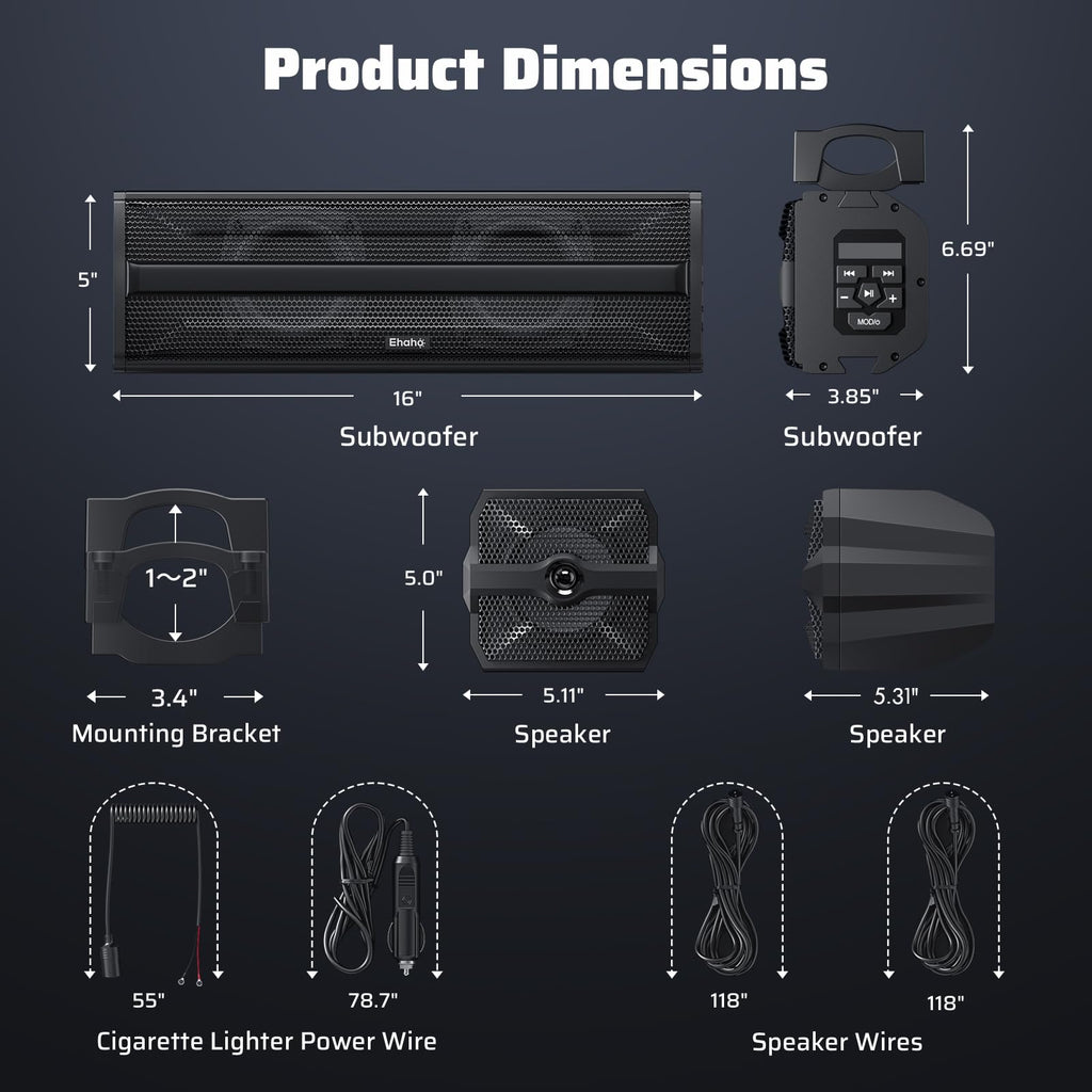 Ehaho 2.1CH Stereo UTV Sound Bar, 17 Inch Bluetooth ATV Speakers with RGB