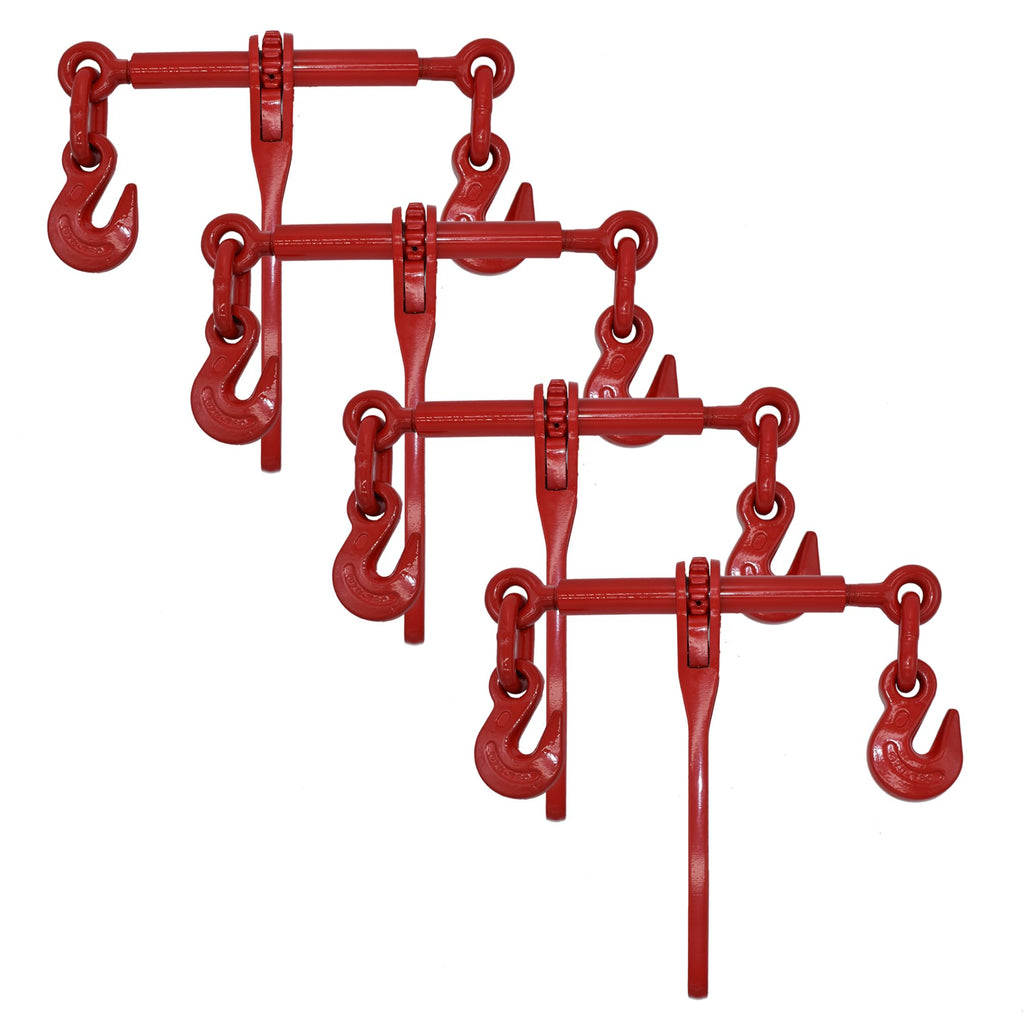 (4 Pack) 3/8"-1/2" Heavy Duty Ratchet Lever Load Binder w/Grab Hooks - 9,200 lbs Working Load Limit - Red | Secure Hauling Chain Binders for Flatbed Trucks & Trailers"