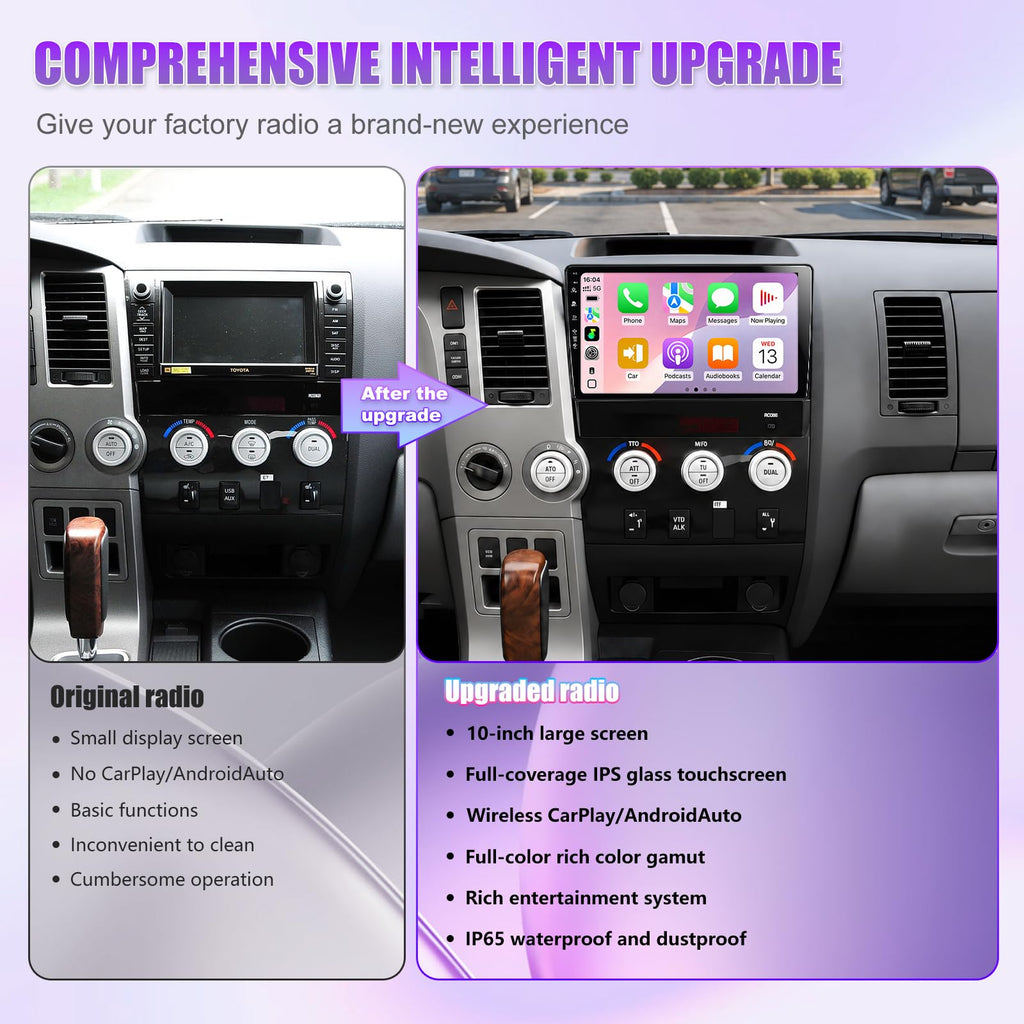 Car Radio Stereo for Toyota Tundra 2007-2013 Toyota Sequoia 2008-2019 10 inch Touch Screen Head Unit with Wireless Carplay Android Auto WiFi6/BT5.4/HD Rearview Camera/SWC/FM (2+64)