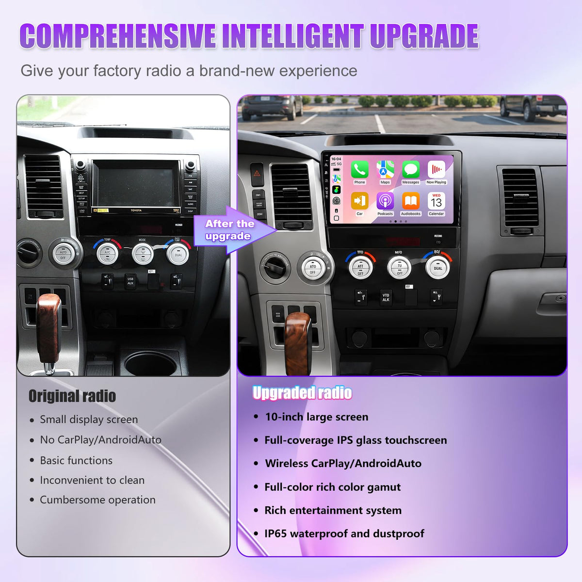 Car Radio Stereo for Toyota Tundra 2007-2013 Toyota Sequoia 2008-2019 10 inch Touch Screen Head Unit with Wireless Carplay Android Auto WiFi6/BT5.4/HD Rearview Camera/SWC/FM (2+64)