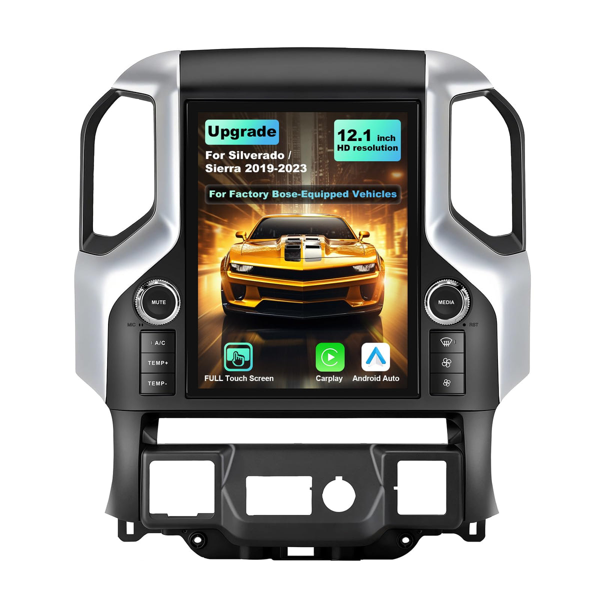 12.1 Inch Touch Screen Android Car Radio Upgrade for GMC Sierra Silverado 2019-2023, Wireless CarPlay & Android Auto, Octa-Core, GPS Navigation, 4G LTE, Multimedia Player Head Unit