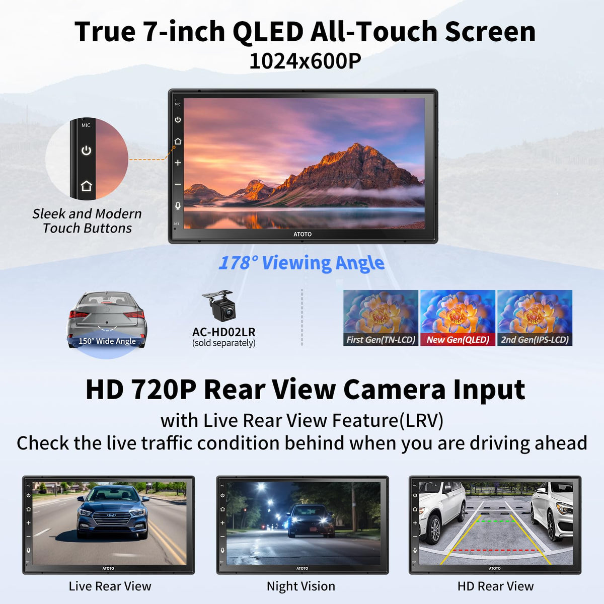 ATOTO A6 PF Android 7" Double DIN Car Stereo, 8-core 2+32GB, Wireless CarPlay & Android Auto QLED Touch Screen, WiFi/BT/USB, AI Chat&GPS Tracking, Dual Bluetooth, DSP/FM/SWC/LRV, MirrorLink,A6G2B7PF