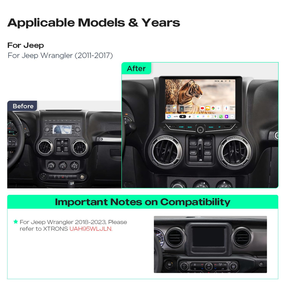 XTRONS 9 Inch Android 15 Car Stereo for Jeep Wrangler 2011-2017, 6+128GB