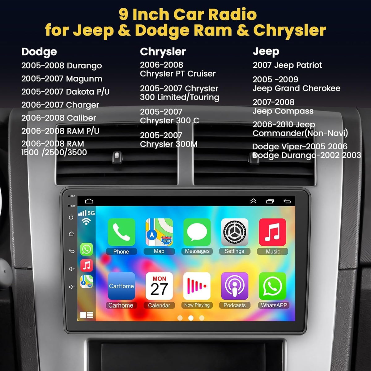 9" Android 13 Car Radio for Dodge Ram 1500/2500/3500 (2006-2008), Dodge Durango (2005-2008), Jeep Grand Cherokee (2005-2009) – 4GB RAM + 64GB ROM CarPlay Screen