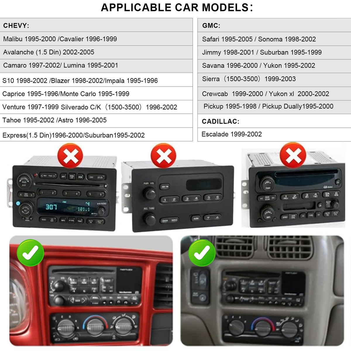 Plug and Play 1.5 Din Car Radio for Chevy Suburban 1995-2002,Tahoe 1995-2002，Silverado 1996-2002, Blazer 1998-2001，for GMC Yukon 1995-2002，Sierra 1999-2003.6.9 Inch with Carplay Android Auto AM/FM