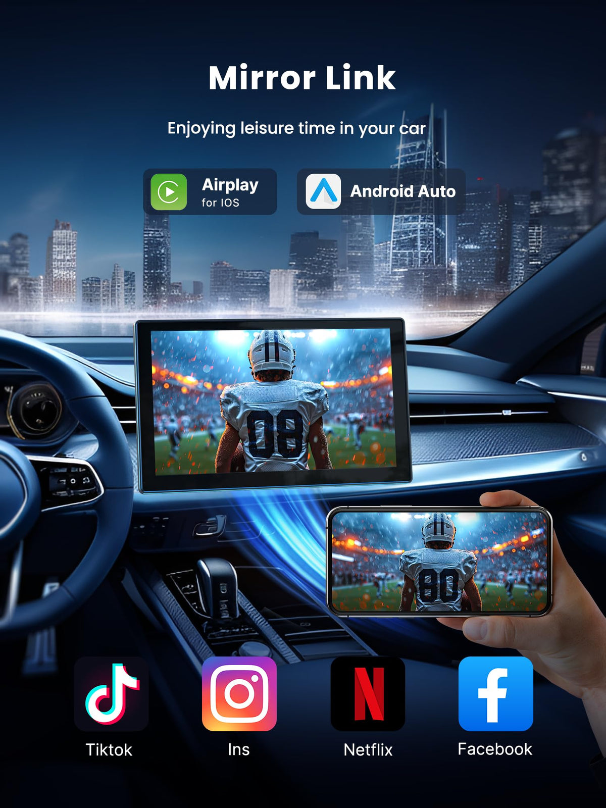 Jzones 9" Wireless Carplay Screen for Car, Portable Car Play Screen for Car