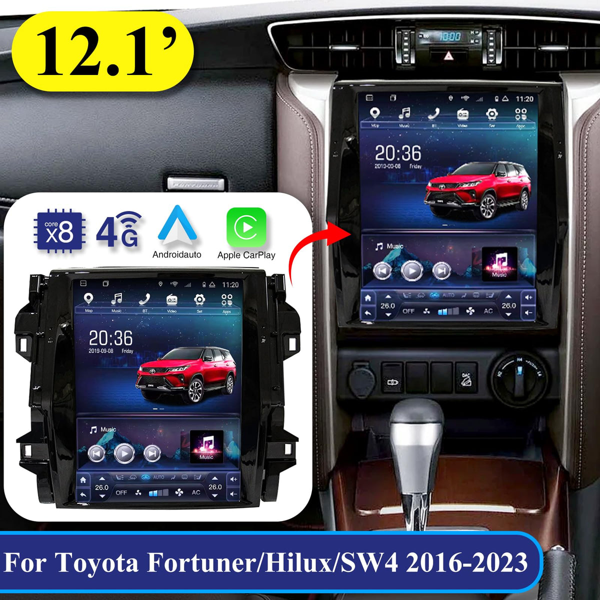 Multimidia Automotiva Sw4 with After marekt 360 Camera for Tesla Style Compatible with Toyota Hilux Vigo Android Fortuner Radio Screen Stereo 12.1inch RAM 8GB ROM 128GB(Auto Air Conditioner Only)