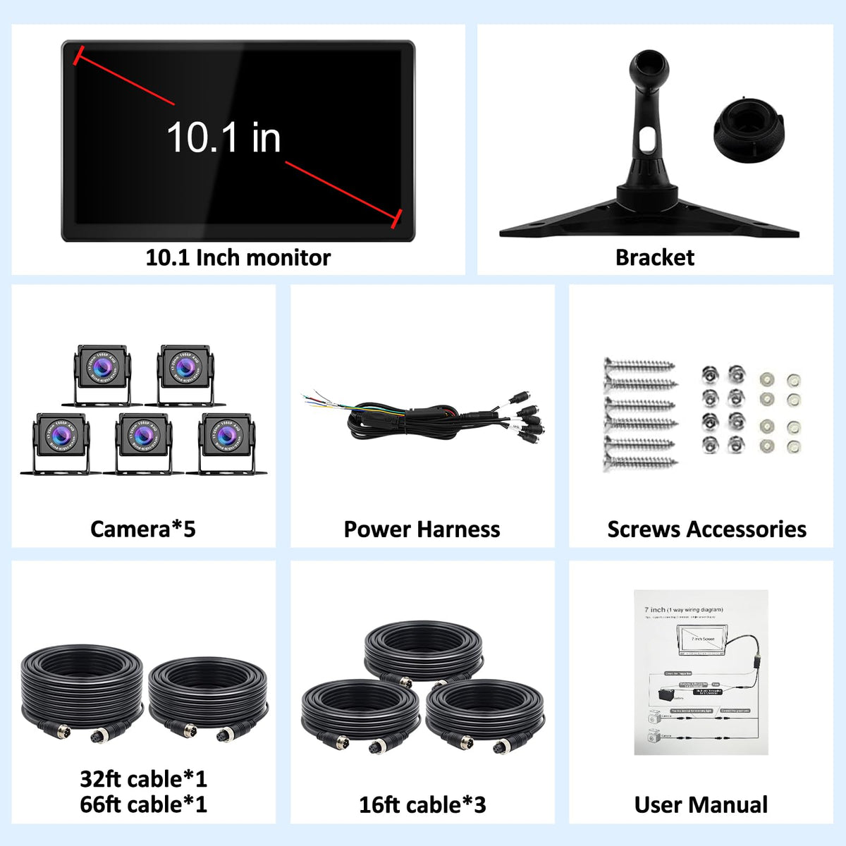 VEKOOTO Truck Camera System, 5CH Backup Camera with 10.1'' Touch Screen, Waterproof 5 AHD Rear Side View Camera, for Truck/Semi-Trailer/Camper/RV/Bus