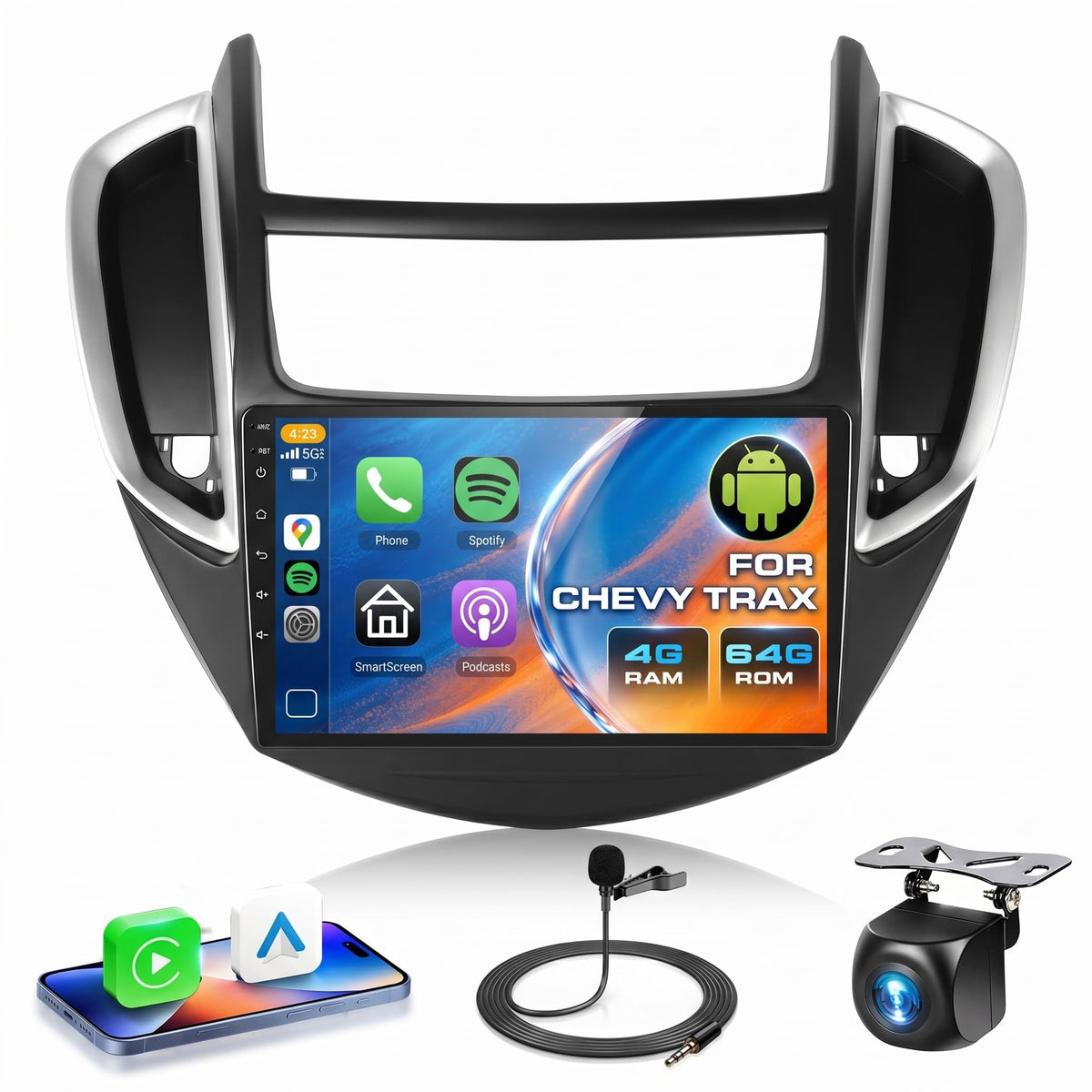 4G+64G Android Stereo for Chevrolet Chevy Trax 2014 2015 2016 Radio Upgrade 9 Inch Touch Screen Head Unit, Car Stereo with Wireless Carplay Android Auto GPS WIFI DSP Bluetooth FM Backup Camera