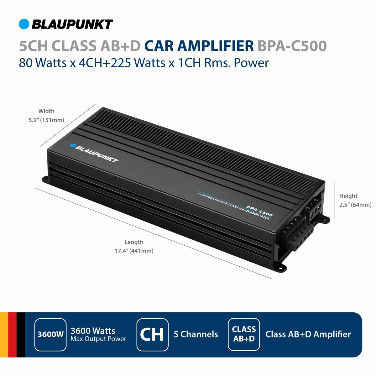 Blaupunkt BPA-C500 Car Audio Class AB + Class D 5-Channel 3600W Stereo Amplifier
