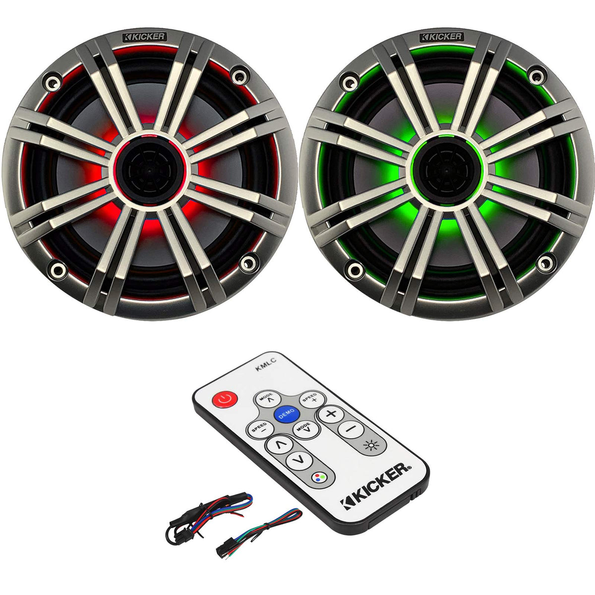 1 Pair (2 Speakers Total) of Kicker 6.5" OEM Replacement 195W Marine Coaxial 2-Way Speakers (Silver Grilles) w/Color Changing LED Capability, LED Lighting Remote Controller