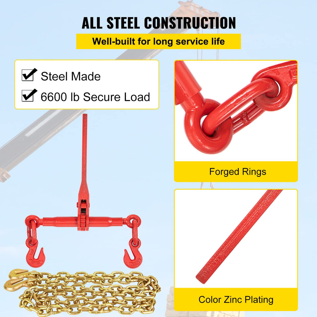 VEVOR Chain Load Binder Kit w/ (4) Ratchet Binders, 6600LB Capacity, (4) 21' G80 Chains + VEVOR (10) 18000LB Truck Straps, 4" x 30', Yellow