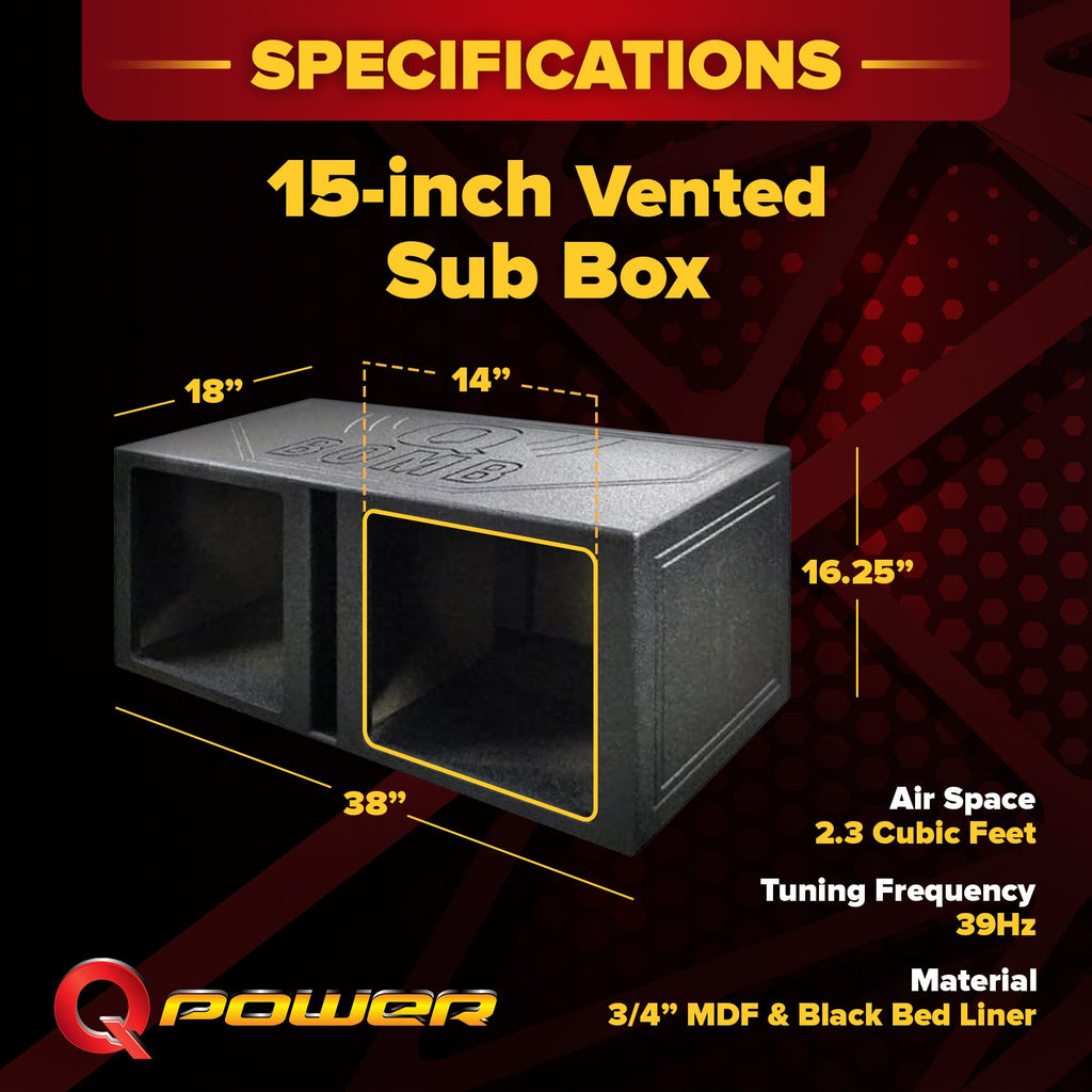 QPower QBOMB15VSQ Dual 15-Inch Center-Vented Subwoofer Box, Square