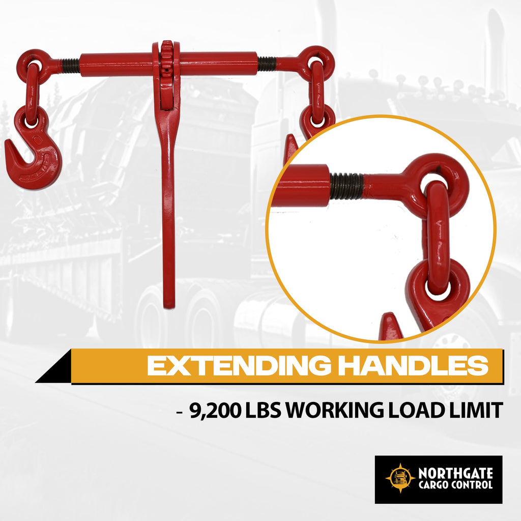 (4 Pack) 3/8"-1/2" Heavy Duty Ratchet Lever Load Binder w/Grab Hooks - 9,200 lbs Working Load Limit - Red | Secure Hauling Chain Binders for Flatbed Trucks & Trailers"