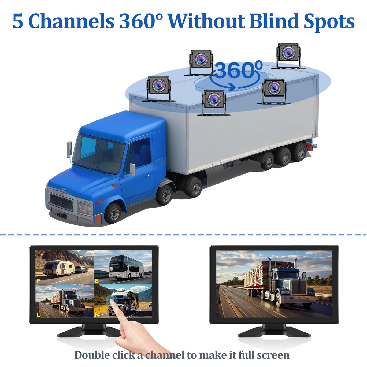 VEKOOTO Truck Camera System, 5CH Backup Camera with 10.1'' Touch Screen, Waterproof 5 AHD Rear Side View Camera, for Truck/Semi-Trailer/Camper/RV/Bus