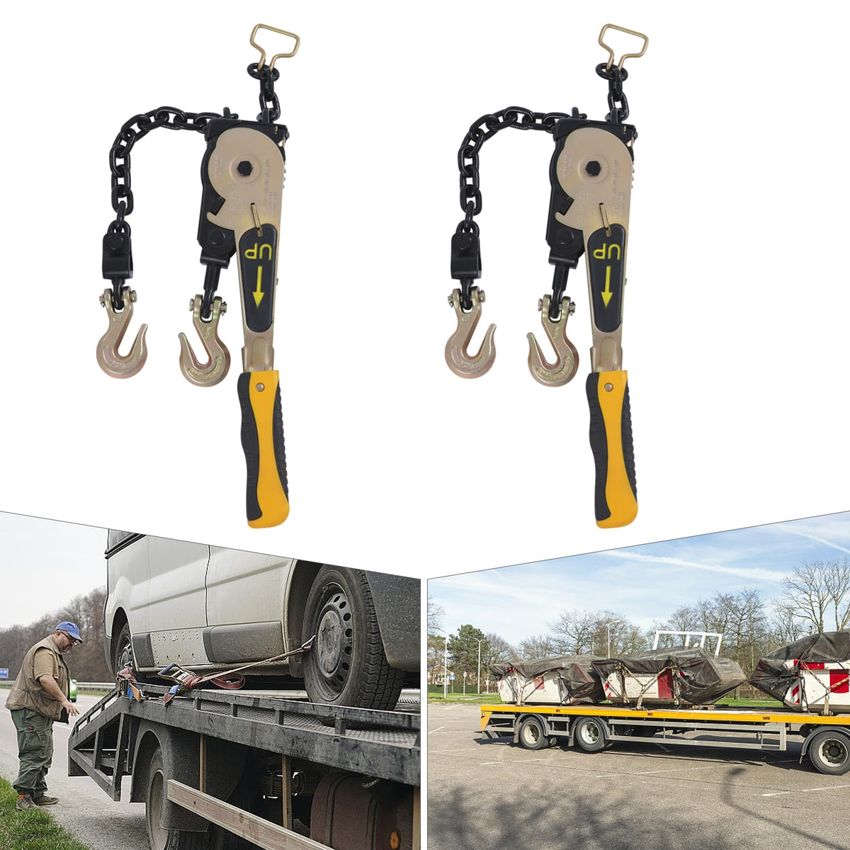 Ratcheting Chain Binder, 6600LBS Easy Ratchet Chain Binder with Grab Working Load Tie Down Hooks Heavy Duty Tie Down Ratchet Load Binder for Trucks & Flatbed Trailers (3/8" - 1/2", 2 Pack)