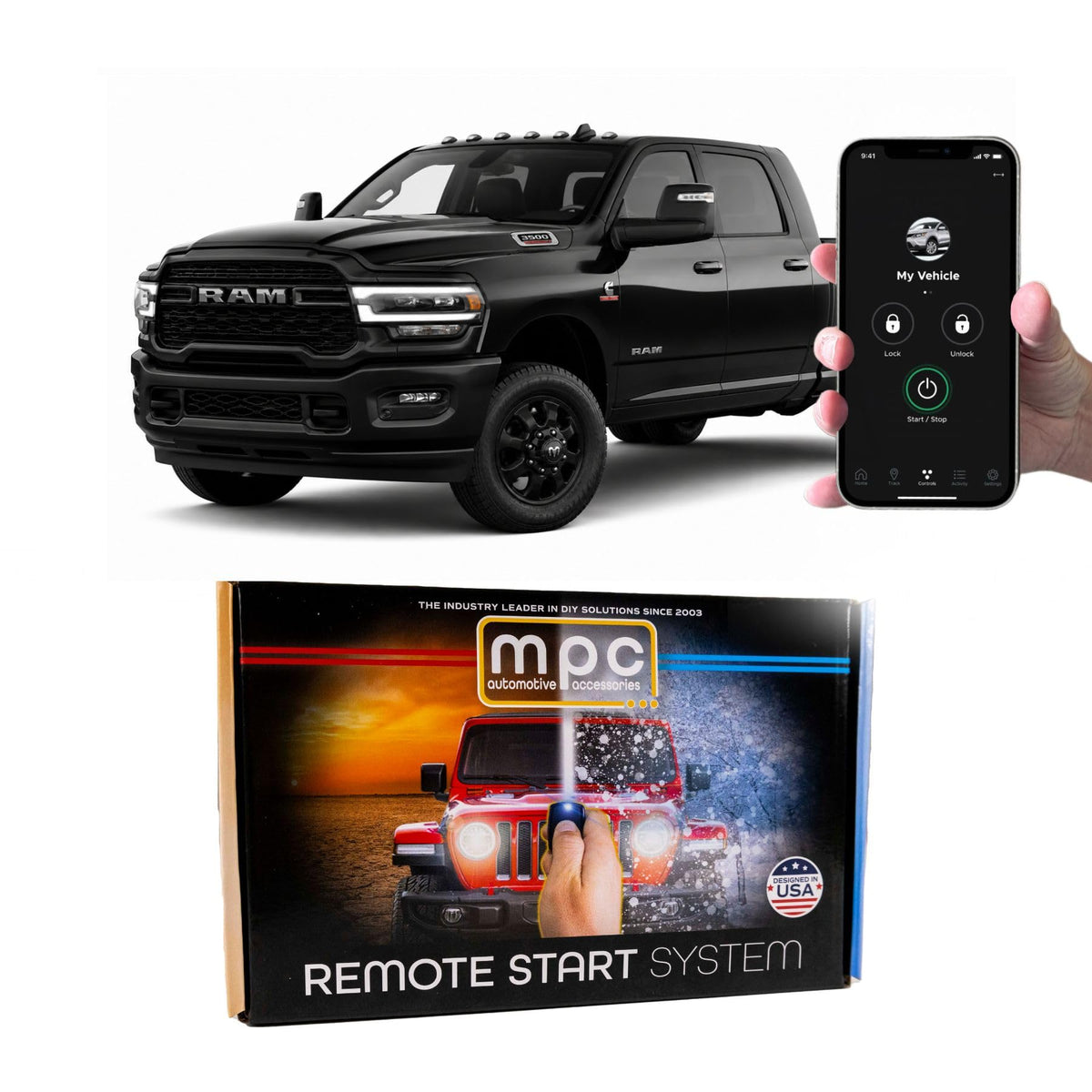 MPC Remote Starter with Smartphone Control Compatible with RAM 3500 2019-2024 |Gas| |Push-to-Start| Plugin T-Harness - Smartphone or Factory Key Fob Activated - FlashLink Updater
