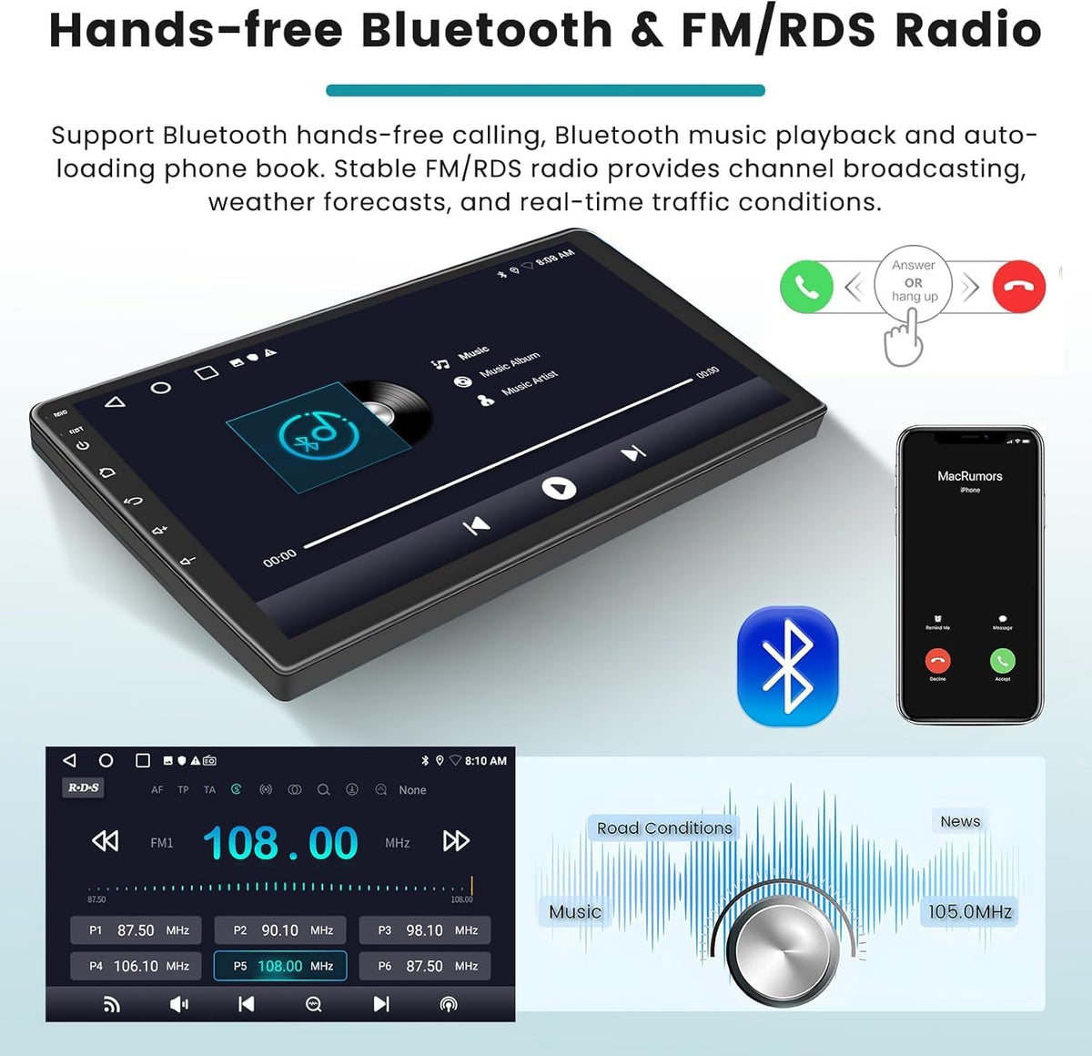 4+64G Android 14 Car Stereo for Ford Escape 2013-2016, 9" Touchscreen Double Din Radio with Wireless Carplay Android Auto GPS Navi Head Unit Bluetooth WiFi FM/RDS SWC Mirror Link AHD Backup Camera
