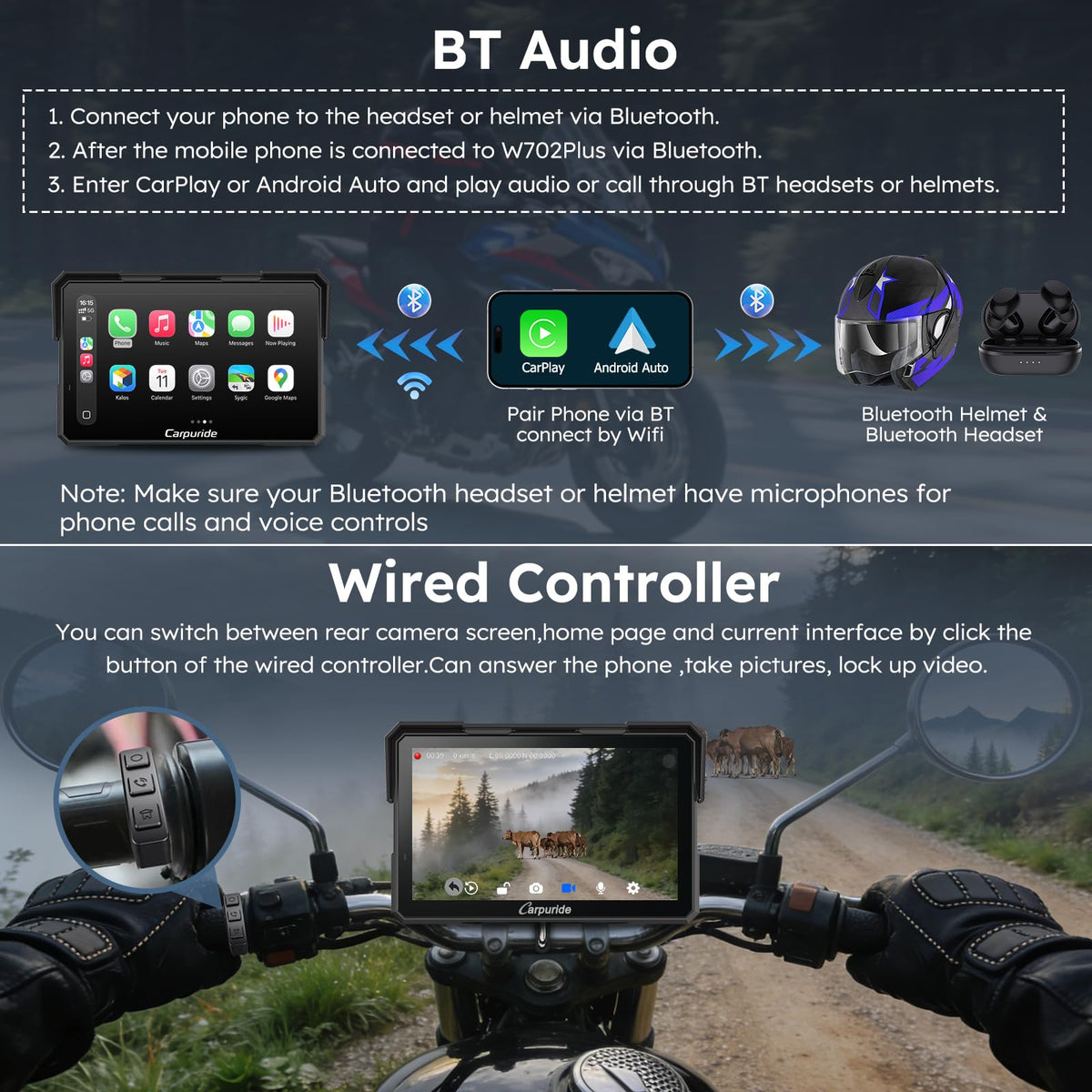 Carpuride W702 Plus 7" Motorcycle CarPlay Android Auto Android 14 Dash Cam