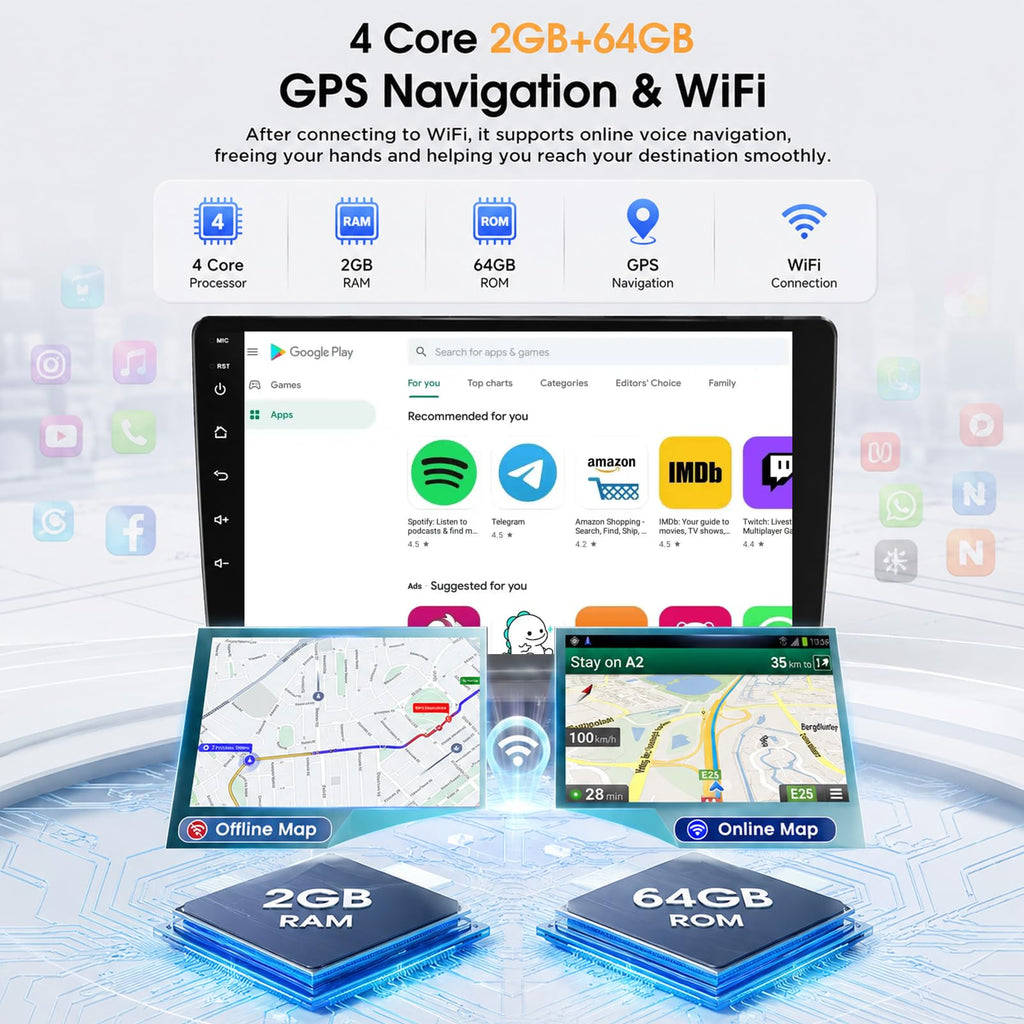 2G+64G Volxcereo Android Car Radio Stereo for Jeep Cherokee 2013-2018 | 10.1 inch Touchscreen Stereo with Wireless Carplay / Android Auto, GPS, WiFi, Bluetooth, SWC,FM/RDS