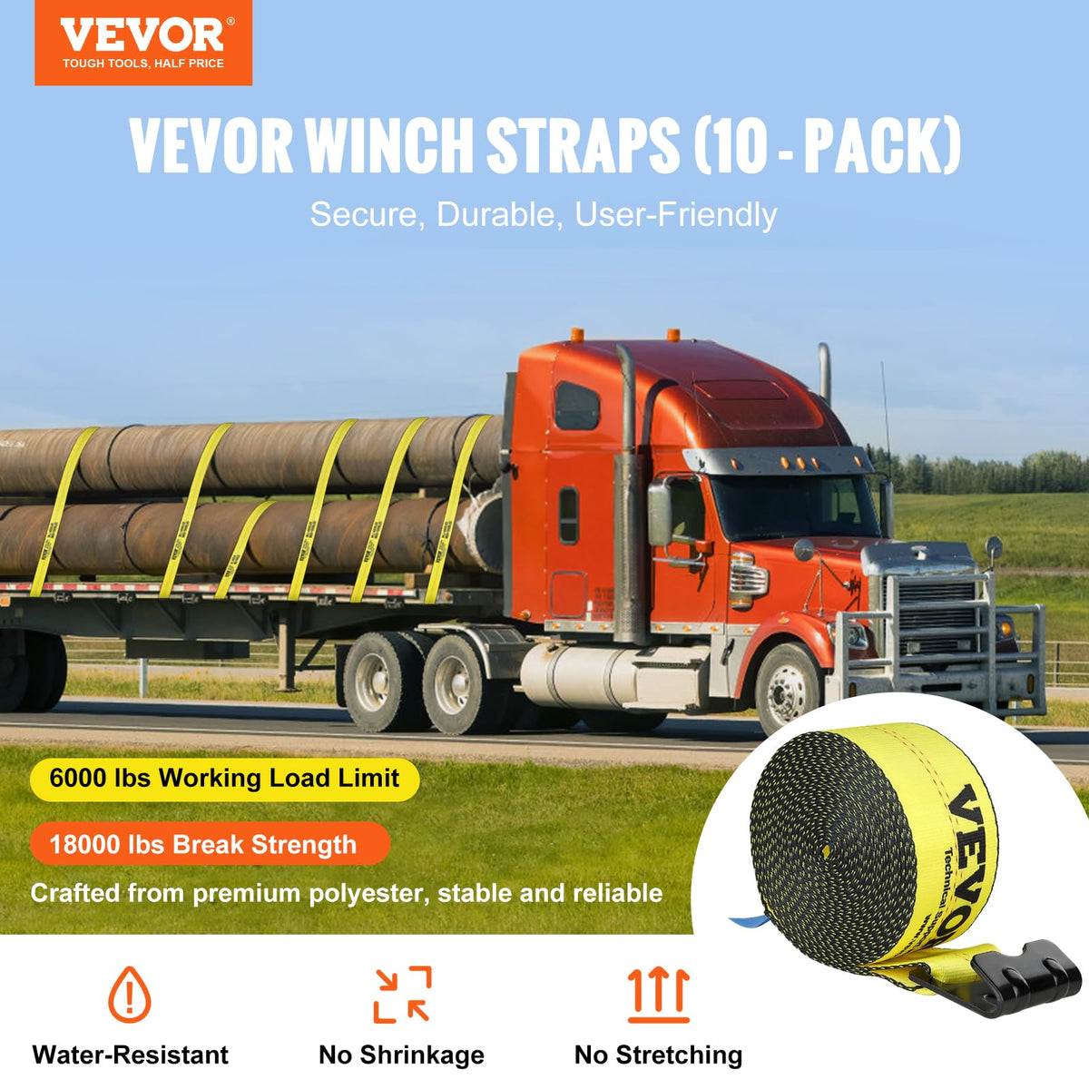 VEVOR Chain Load Binder Kit w/ (4) Ratchet Binders, 6600LB Capacity, (4) 21' G80 Chains + VEVOR (10) 18000LB Truck Straps, 4" x 30', Yellow