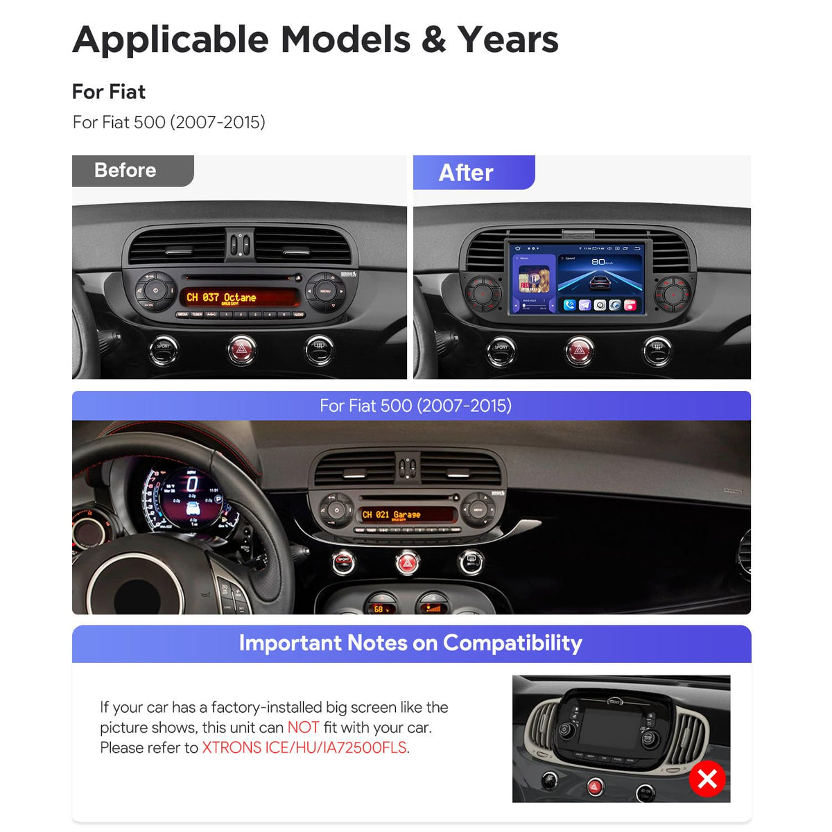 XTRONS Android 14 Car Stereo for Fiat 500 (2007-2015), Qualcomm 665 Octa Core Car Radio, 7” QLED Touch Screen Fiat 500 Replacement Head Unit GPS Navigation Bluetooth CarPlay Android Auto 8+256GB Black