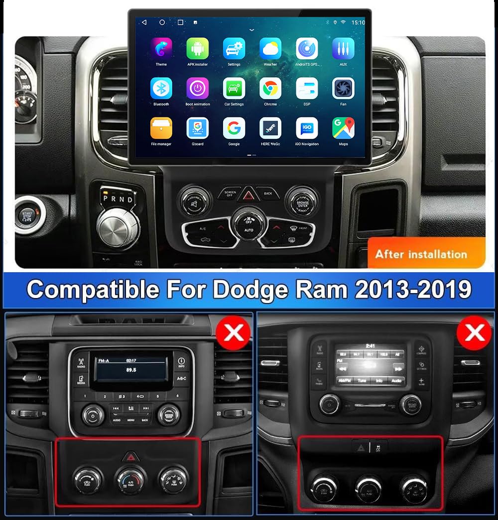 13''2K Android Radio for 【Dodge Ram 1500 2500 3500 2013-2019 Auto AC】 Android 13 Car Stereo with Wireless CarPlay & Android Auto - 1920 * 1200P Touchscreen GPS Navi Head Unit with Bluetooth, 2+64G