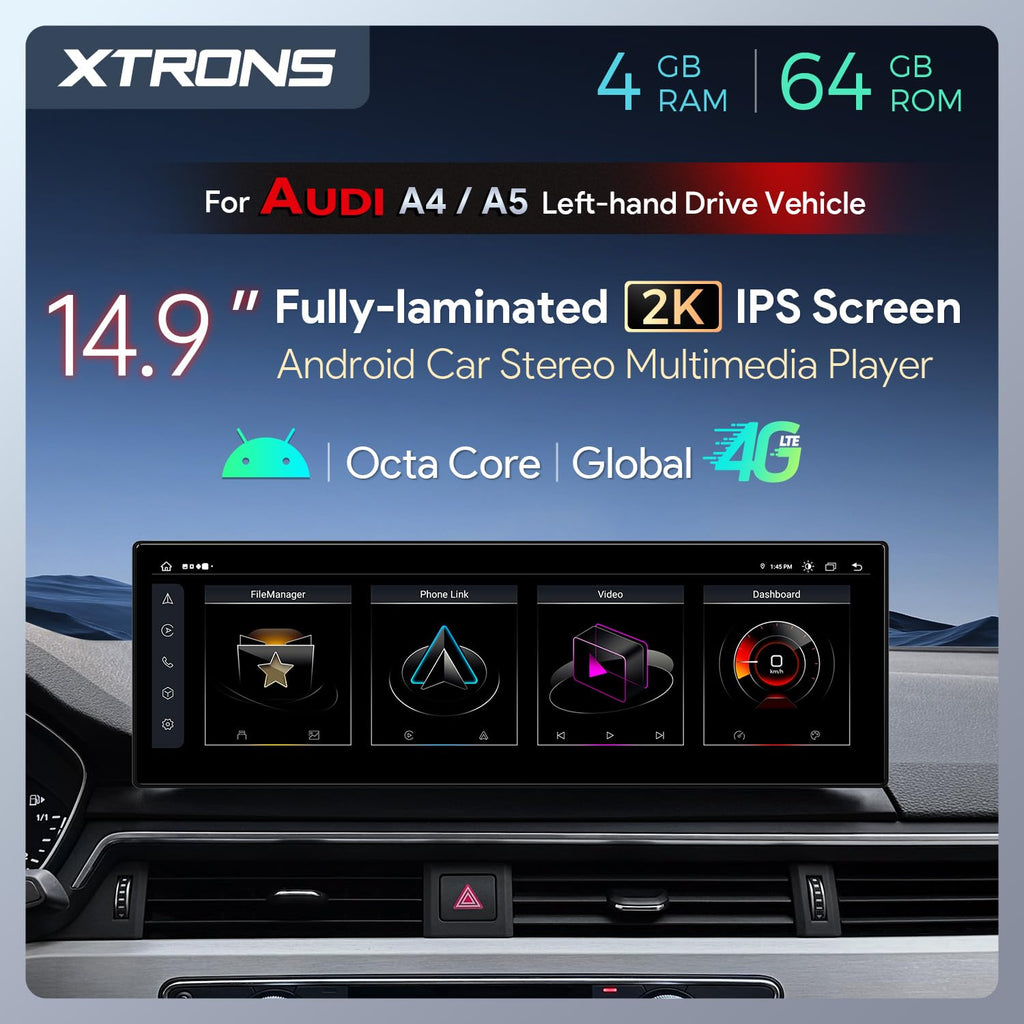 XTRONS 14.9 Inch Android 13 Car Stereo for Audi A4 A5 B9 (2016-2020) MIB2 System, 2K IPS Touch Screen 4+64 GB Global 4G LTE Car Radio GPS Navigation Support Wireless CarPlay Android Auto
