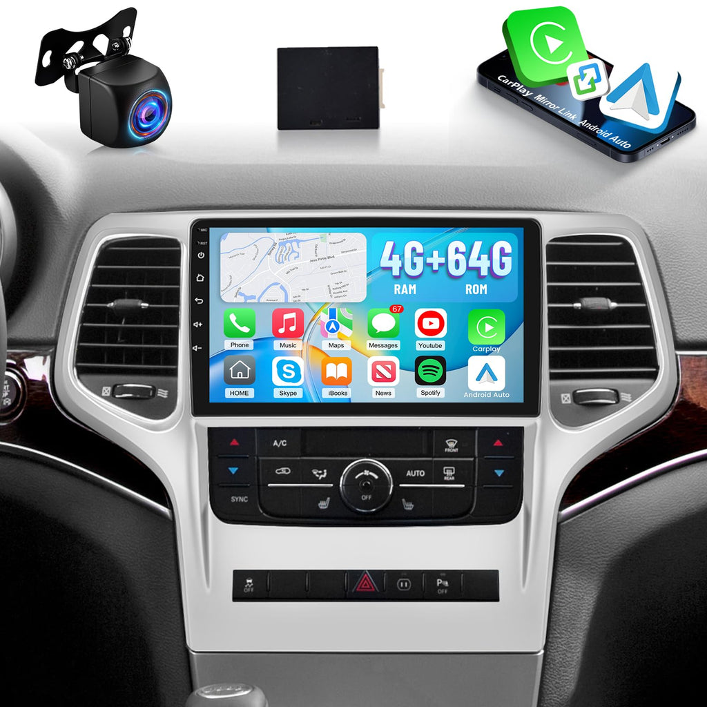 [4+64GB] Android Stereo for Jeep Grand Cherokee 2008-2013: 9 inch IPS Touchscreen Grand Cherokee Radio - Wireless Carplay and Android Auto, Customize Homepage, DSP/EQ, 5G/WiFi, SWC + Backup Camera