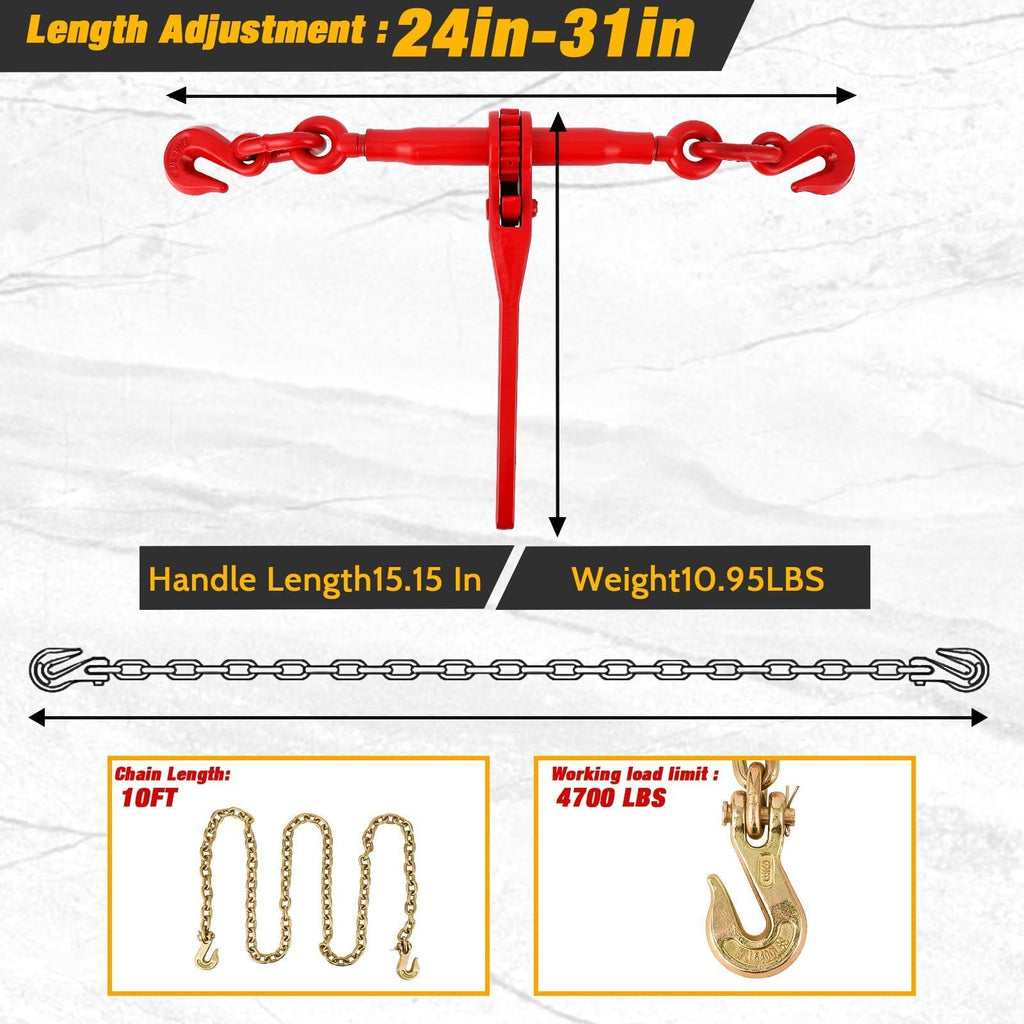 4Pcs Chain and Binder Kit, 3/8"-1/2" Ratchet Load Binders