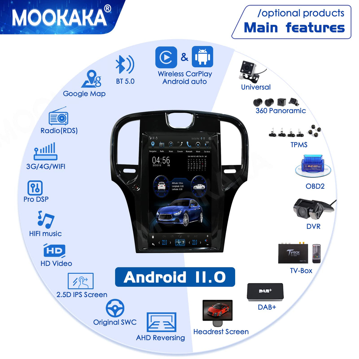 Android 11 Tesla Style 13.3 inch Android Car Radio for Chrysler 300C 300S 2011-2019 Multimedia Player GPS Navigation Multimedia Player Carplay Bluetooth(2015-2019,8+128G)
