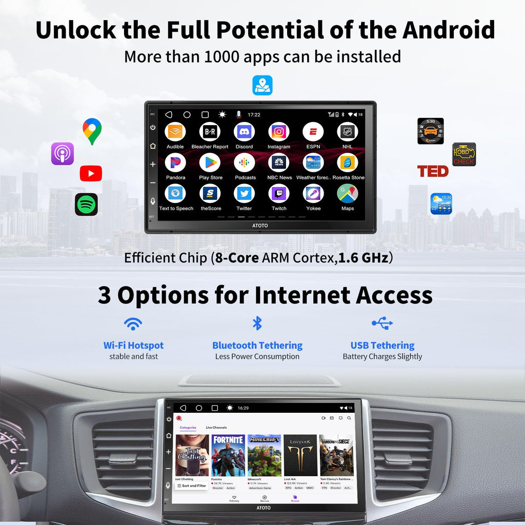 ATOTO A6 PF Android 7" Double DIN Car Stereo, 8-core 2+32GB, Wireless CarPlay & Android Auto QLED Touch Screen, WiFi/BT/USB, AI Chat&GPS Tracking, Dual Bluetooth, DSP/FM/SWC/LRV, MirrorLink,A6G2B7PF
