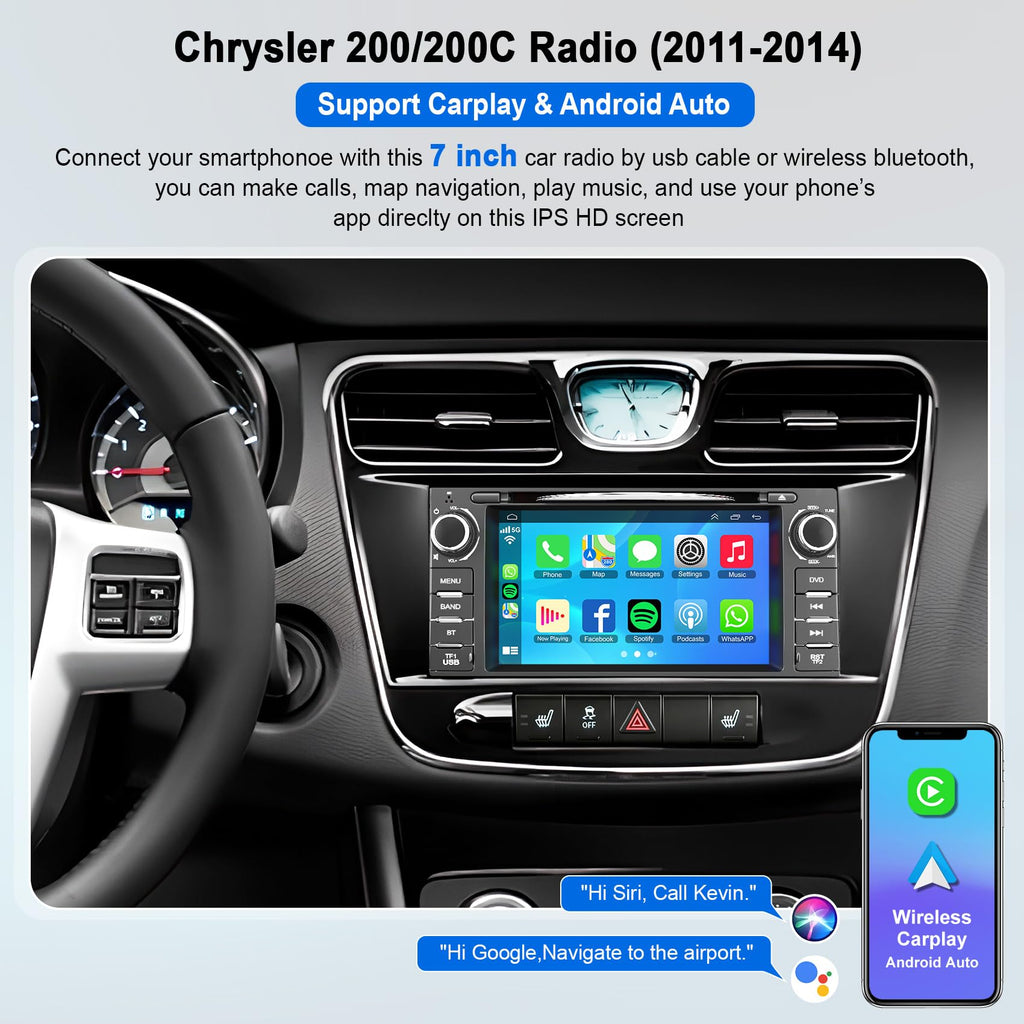 Car Radio Stereo with CD/DVD Player for Chrysler 200 200C (2011 2012 2013 2014),7 Inch QLED Touchscreen Head Unit with CarPlay & Android Auto,Bluetooth & GPS Navigation,Backup Camera& FM/AM Radio