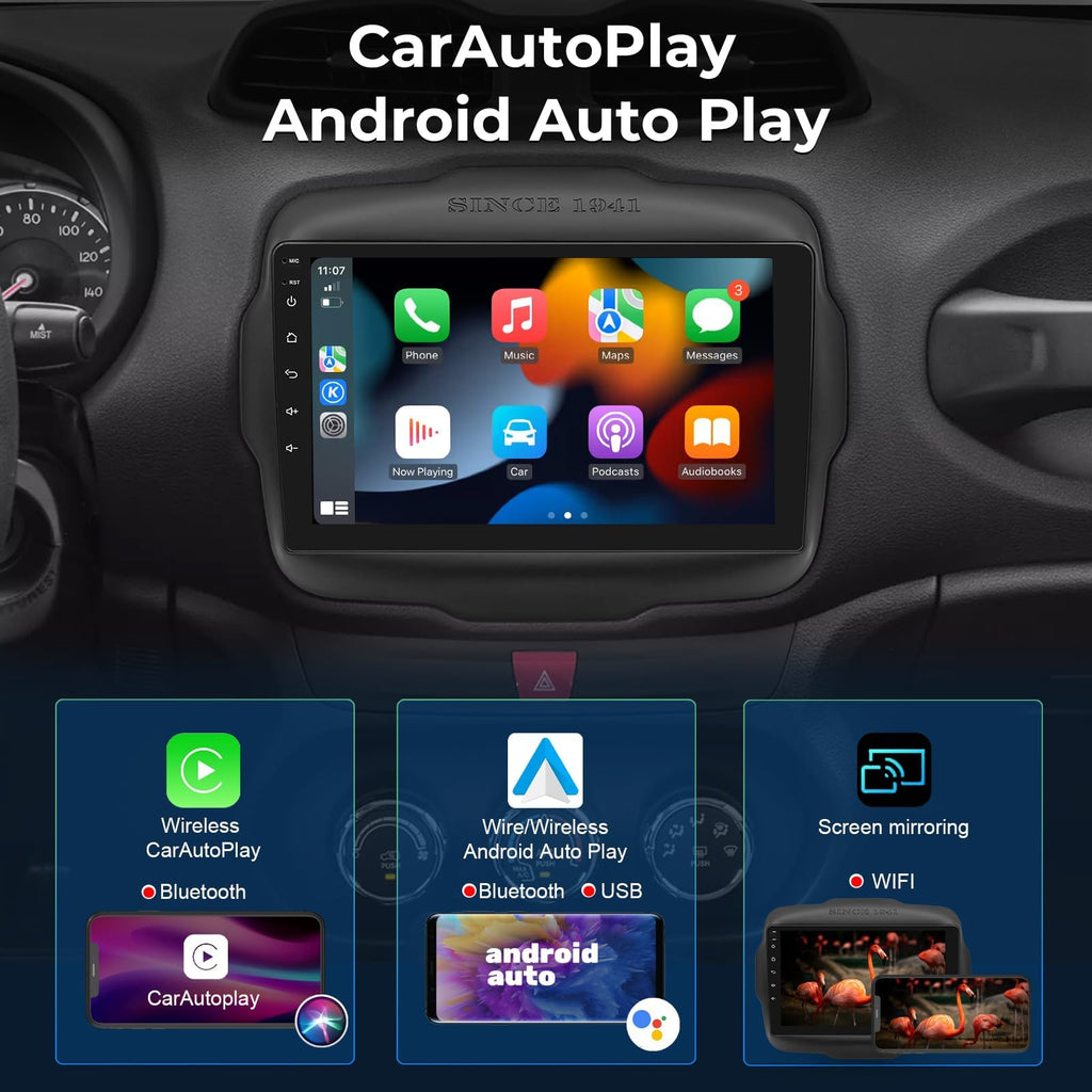 Android 14 Car Stereo Radio for Jeep Renegade 2015-2023, 9 inch QLED Touch Screen GPS Navigation Bluetooth Head Unit Built-in Car Auto Play Support 4G LTE WiFi SWC DSP 6+64GB