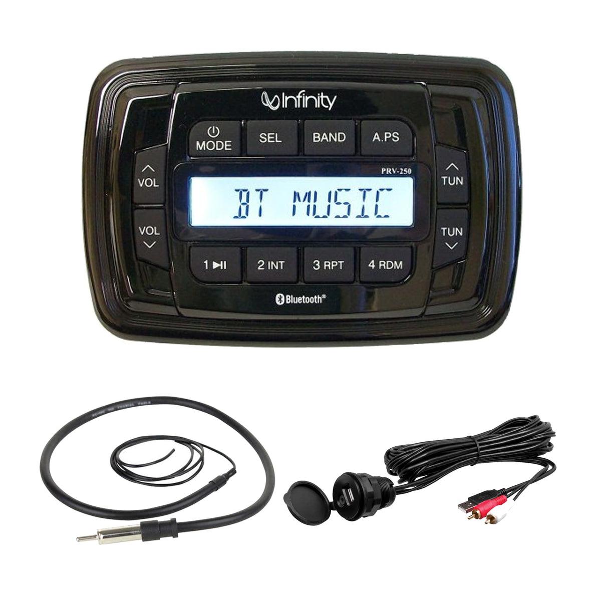 Infinity PRV250 Bluetooth Marine AM/FM Digital Stereo Receiver wth AUX/USB to RCA Adapter, 22" Radio Antenna