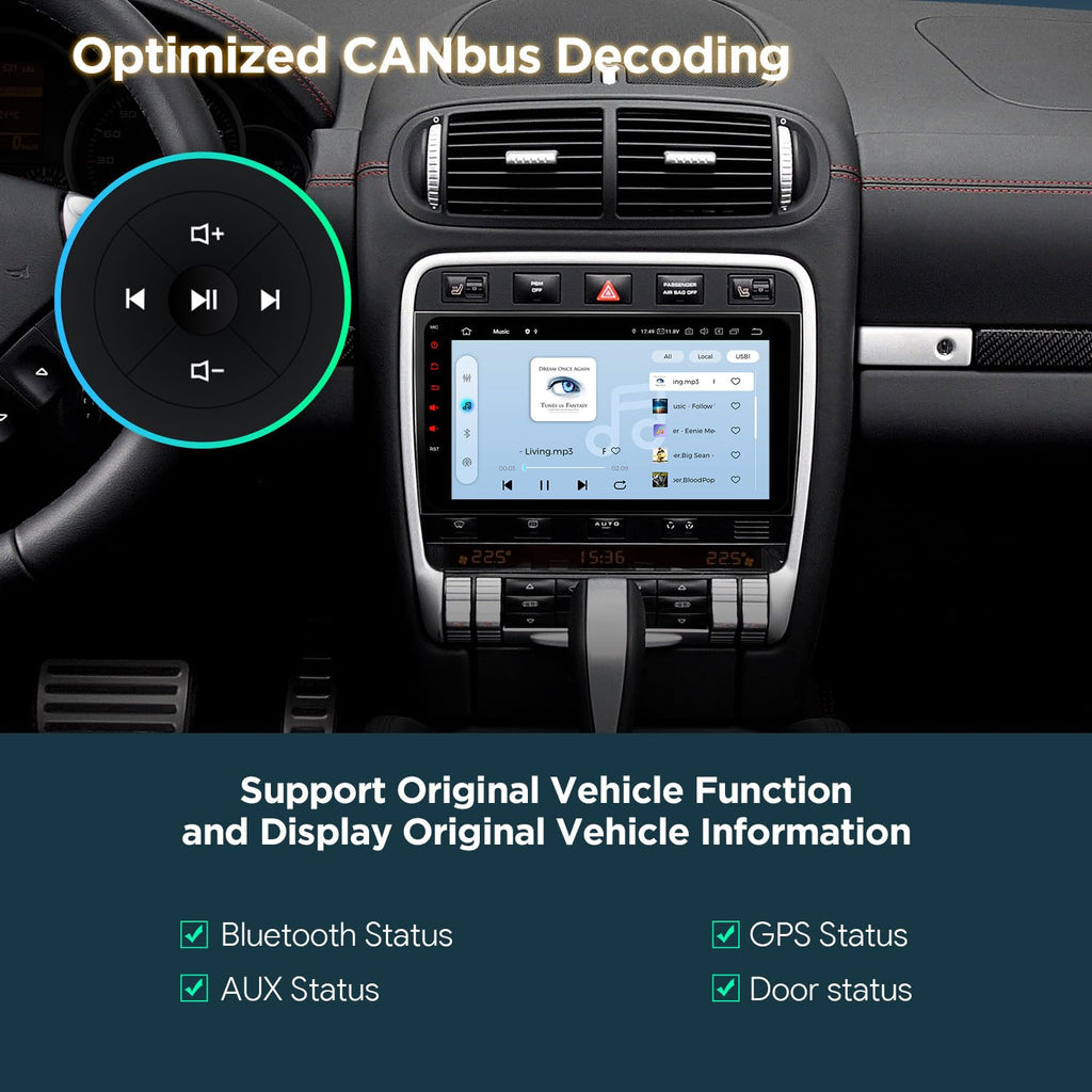 XTRONS Car Stereo for Porsche Cayenne 2003-2010 with Optical Fiber Decoder, Android 14 Qualcomm Octa Core 8GB+256GB, 9 Inch IPS Touch Screen GPS Navigation Built-in DSP CarPlay Android Auto
