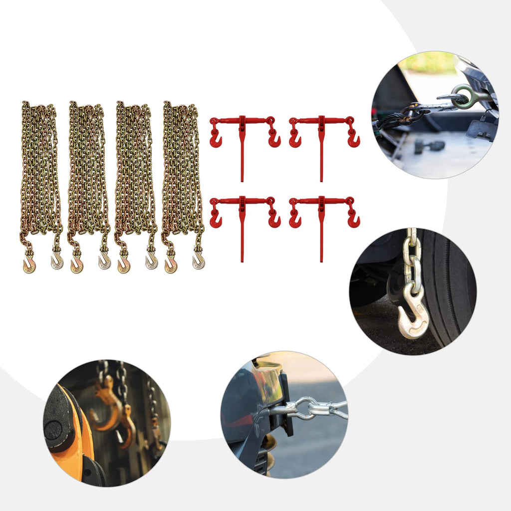 5/16"-3/8" Chain Binder Kit 4 Set, 5400 lbs Working Strength Ratchet Load Binders, G70 Hook Working Load Tie Down Set Tool for Truck Tie Down Hauling Towing