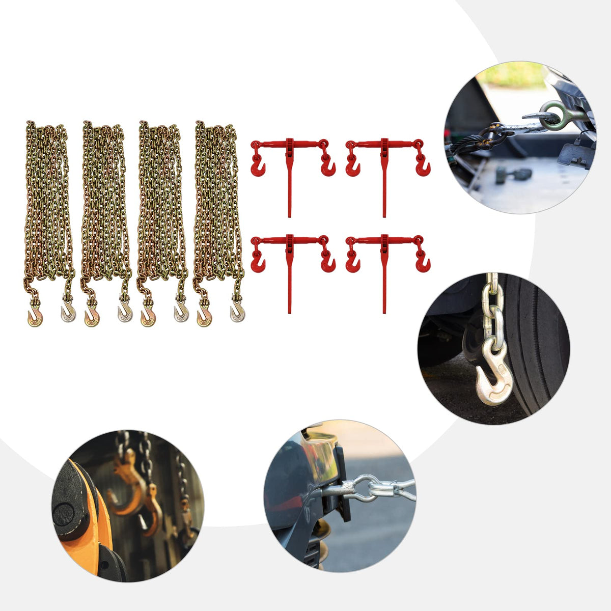 5/16"-3/8" Chain Binder Kit 4 Set, 5400 lbs Working Strength Ratchet Load Binders, G70 Hook Working Load Tie Down Set Tool for Truck Tie Down Hauling Towing
