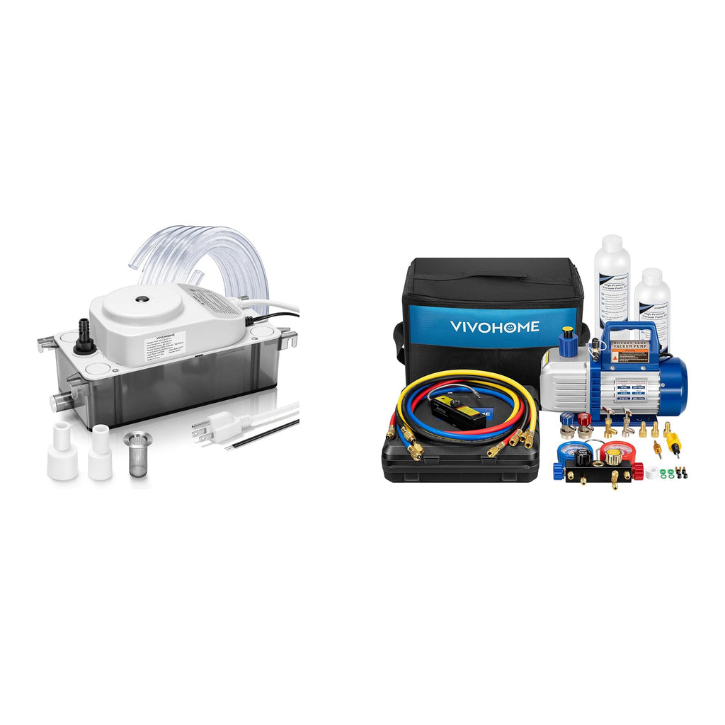 VIVOHOME HVAC Condensate Pump with Automatic Safety Alarm Switch, Ultra-Quiet 25dB DC Motor, 65 GPH, and 1/2 HP 5CFM 2 Stage HVAC Vacuum Pump and 4 Way AC Manifold Gauge Set Kit with Leak Detector