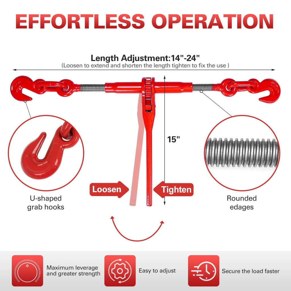 3/8" to 1/2" Ratchet Chain Binder 2 Pack with 3/8" x 10FT G80 Binder Chain G70 Hook, 9200LBS Working Load Tie Down Chain for Flatbed Truck Trailer