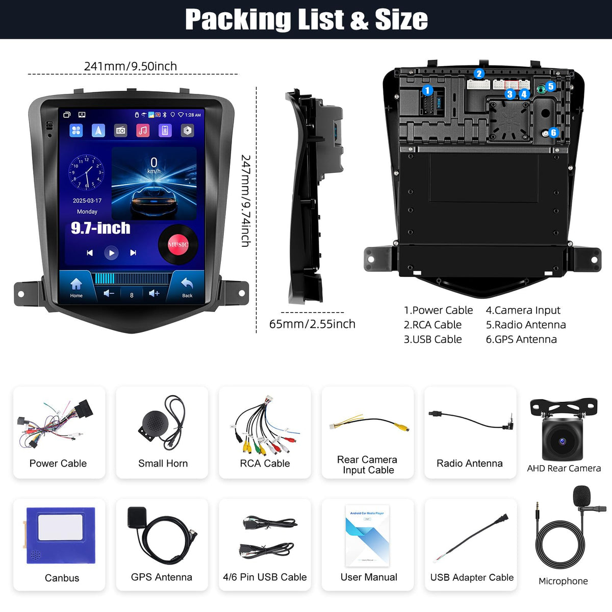 4G+64G Car Radio for Chevrolet Chevy Cruze 2009-2015 with Wireless CarPlay Android Auto 9.7" Touch Screen Android 15 Car Stereo with 32EQ GPS Navigation Bluetooth 5.0 WiFi RDS FM HD Backup Camera