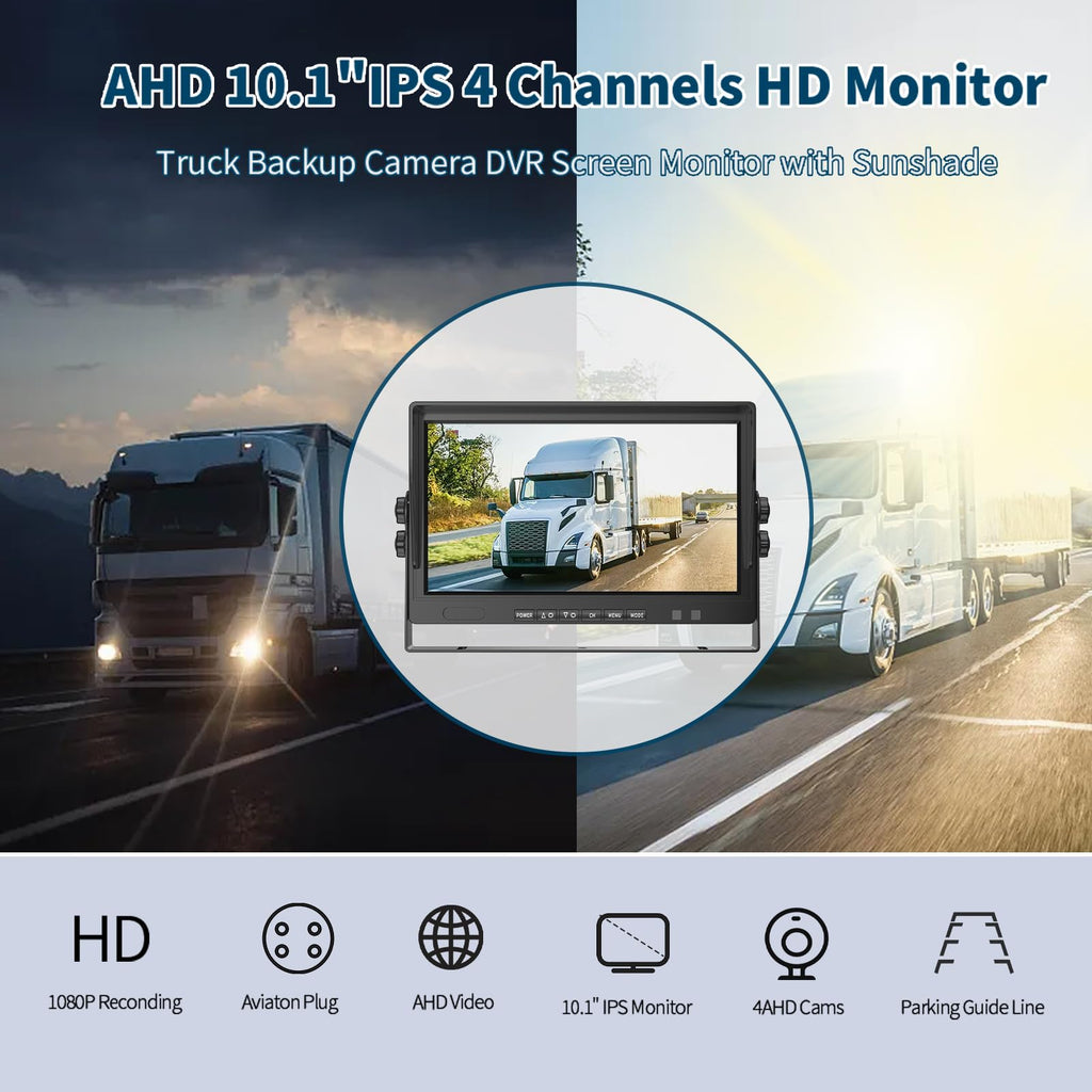 AHD Truck Backup Cameras with Monitor, 10.1’HD Quad Split Screen Monitor 4 Cameras 1080P Backup Camera for Trucks Trailer RV Bus Travel
