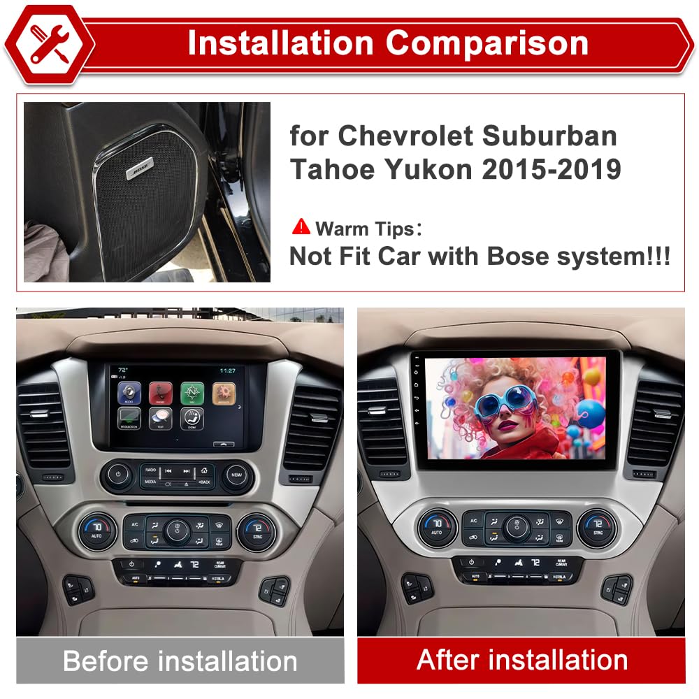 [4GB+64GB] Car Stereo Radio for Chevrolet Suburban Tahoe Yukon 2015-2019 | Android 15 | Octa-Core 10.1" Touchscreen | Wireless CarPlay & Android Auto | GPS WiFi Bluetooth | FM AM RDS | SWC