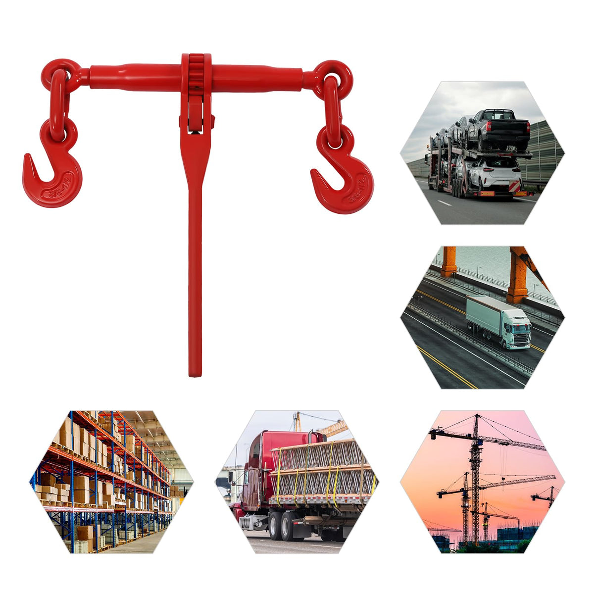 Heavy-Duty 3/8"-1/2" Ratchet Chain Binder, 9200 lbs Load Capacity, Adjustable 24-32in Length, G70 Hooks, Industrial Tie-Down Lever Binder for Hauling & Towing, Red