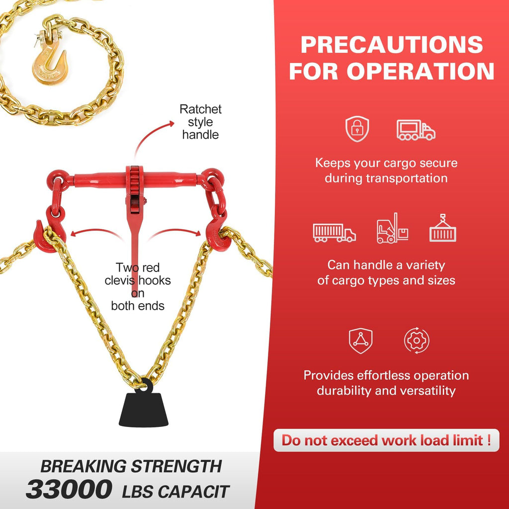 3/8" to 1/2" Ratchet Chain Binder 2 Pack with 3/8" x 10FT G80 Binder Chain G70 Hook, 9200LBS Working Load Tie Down Chain for Flatbed Truck Trailer
