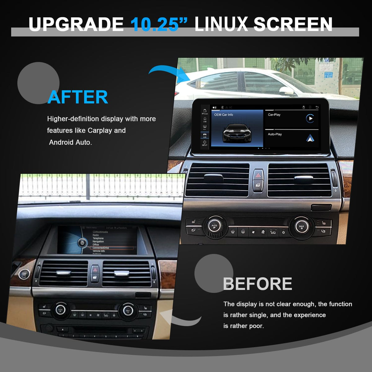 10.25" Linux CarPlay Screen for BMW X5 X6 E70 E71 CIC 2010-2012