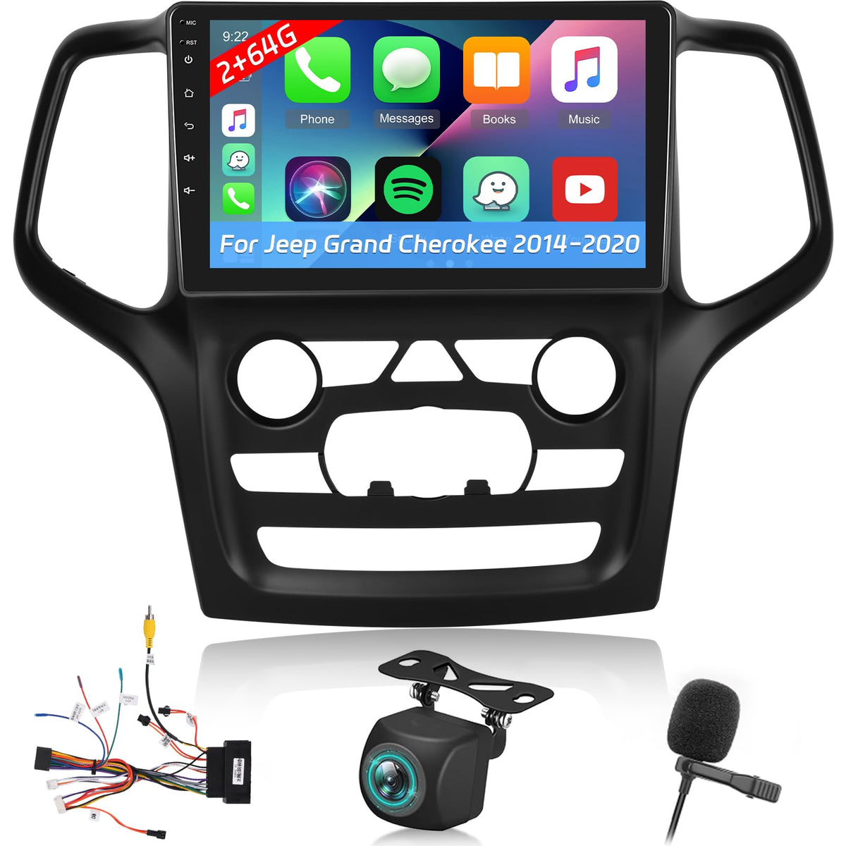 2+64G Android Car Stereo for Jeep Grand Cherokee 2014-2020 - 9 Inch Touchscreen Radio with Wireless Carplay & Android Auto, WiFi, GPS, EQ, FM RDS + AHD Backup Camera