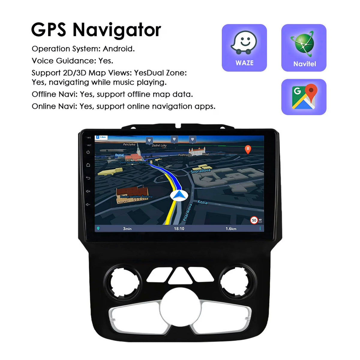 9 Inch Car Radio for Dodge Ram 1500/2500/3500 2013-2019 Auto AC Support Wireless CarPlay Android Auto, Touchscreen GPS, Bluetooth, WiFi, FM, 2+64G